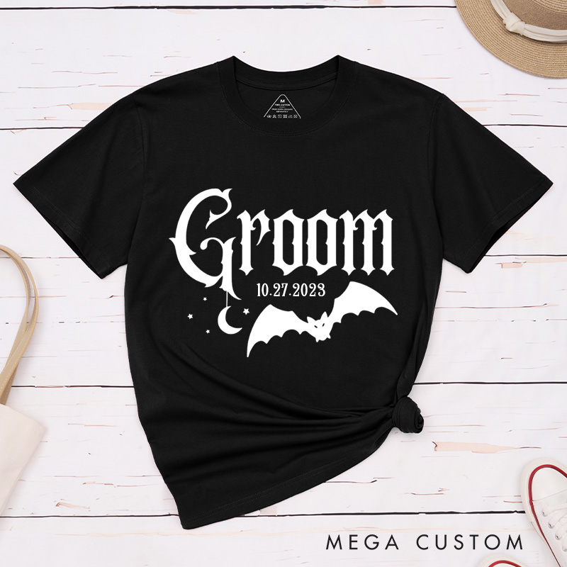 Personalized Holloween-Inspired Gothic Bride and Groom with Bat and Moon Matching Wedding Couple Classic T-Shirt
