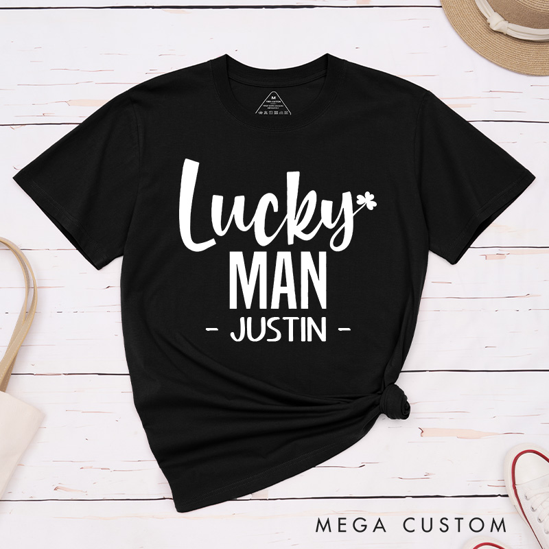 Personalized Couple Lucky Man Lucky Woman with Shamrock Matching T-Shirt Valentine's Day T-Shirt for Husband Wife Boyfriend Girlfriend Gift