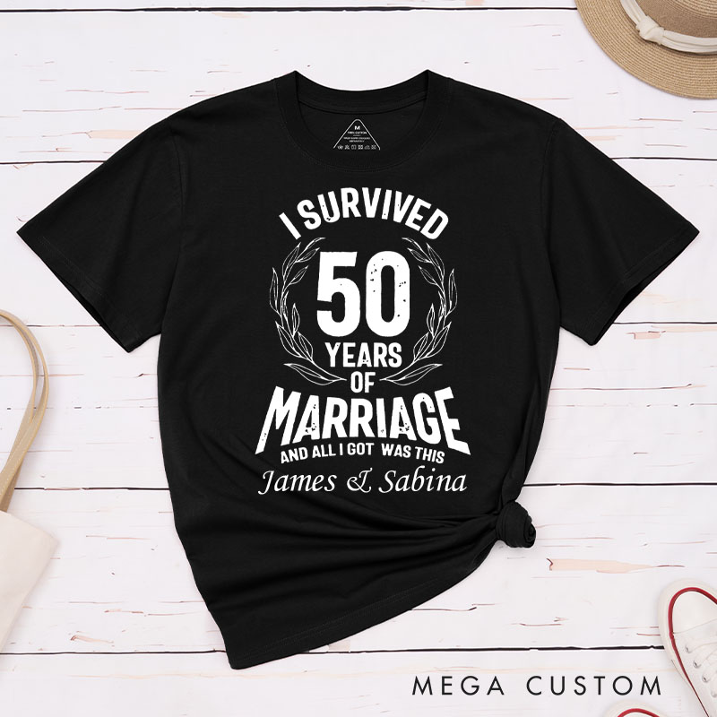 Personalized Couple 50th Anniversary T-Shirt I Survived 50 Years of Marriage Anniversary Humorous Golden Shirt Couple Gift Tee