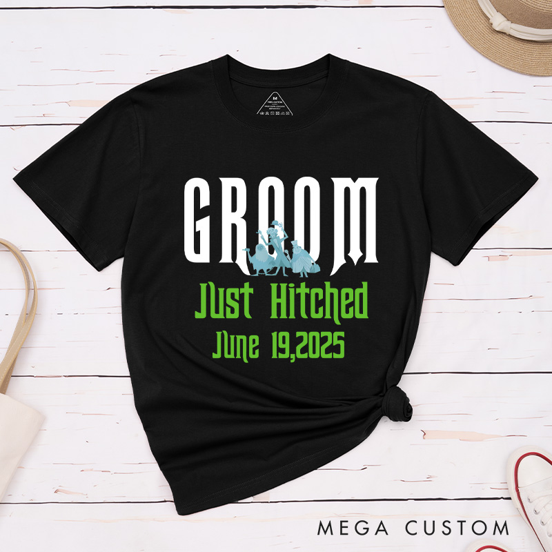 Personalized Playful Just Hitched Bride and Groom Wedding Couple Classic T-Shirt