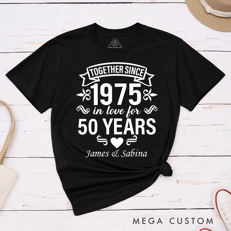 Personalized Couple 50th Anniversary T-Shirt Together Since 1975 50 Years of Love Anniversary Humorous Golden Shirt Couple Gift Tee