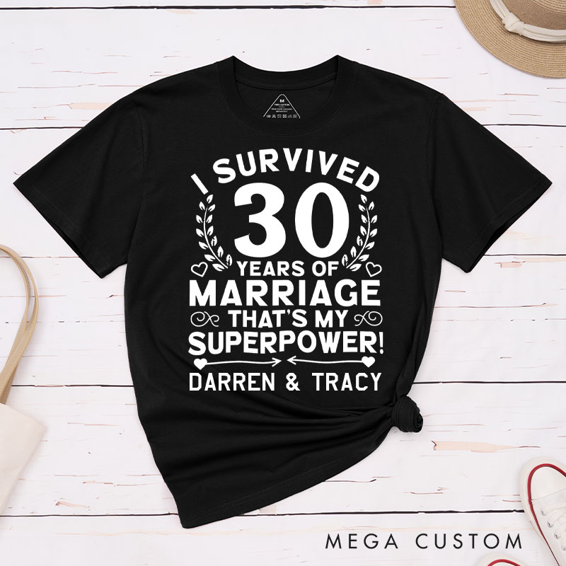 Personalized Couple 30th Anniversary T-Shirt I Survived 30 Years of Marriage That's My Superpower Shirt for Couples Wife Husband Gift Tees