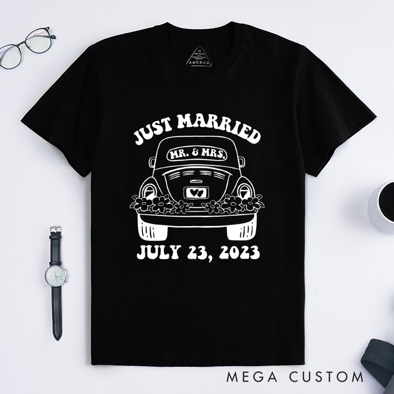 Personalized "Just Married" T-Shirt Couple Wedding Date Anniversary Gift Shirt Wife Husband Tops for Anniversary Gift for Her Him