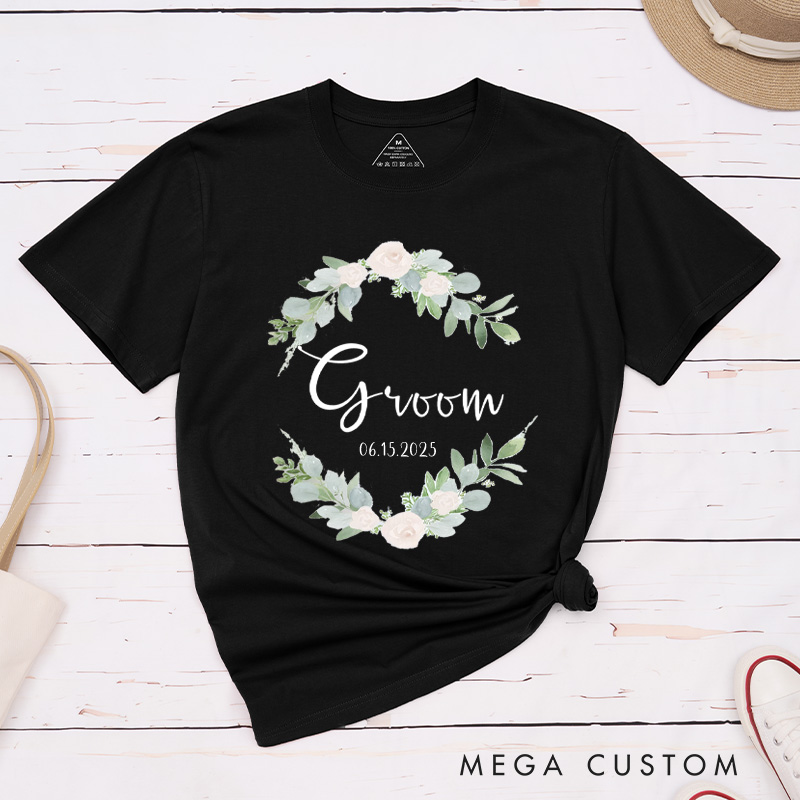 Personalized Elegant Floral Wreath Bride and Groom Matching Wedding Couple Classic T-Shirt