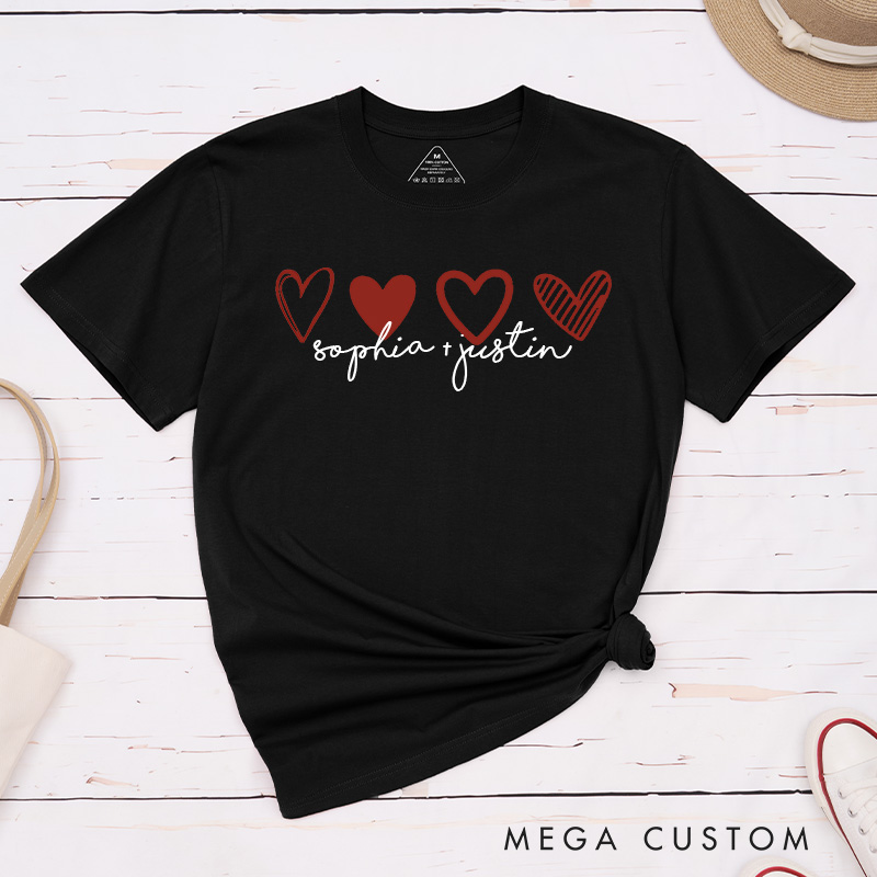 Personalized Couple Romantic 4 Hearts Matching T-Shirt with Name Valentine's Day T-Shirt for Husband Wife Boyfriend Girlfriend Gift for Hubby Wifey