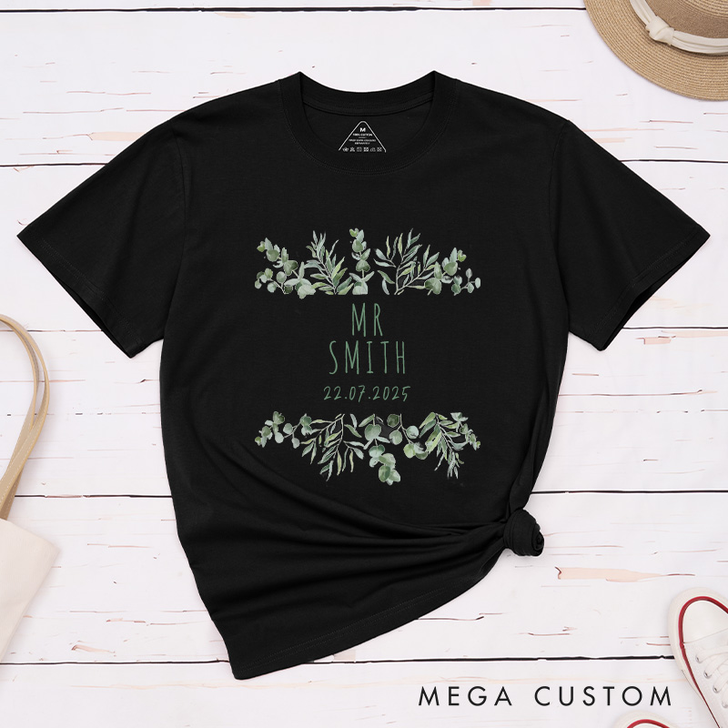 Personalized Elegant Botanical Mr and Mrs Wedding Couple Classic T-Shirt