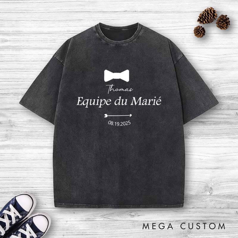 Personalized Équipe du Marié Stag Washed T-Shirt Elegant Wedding Party Tee Vintage Groomsman Bachelor Party Favors Washed T-Shirt