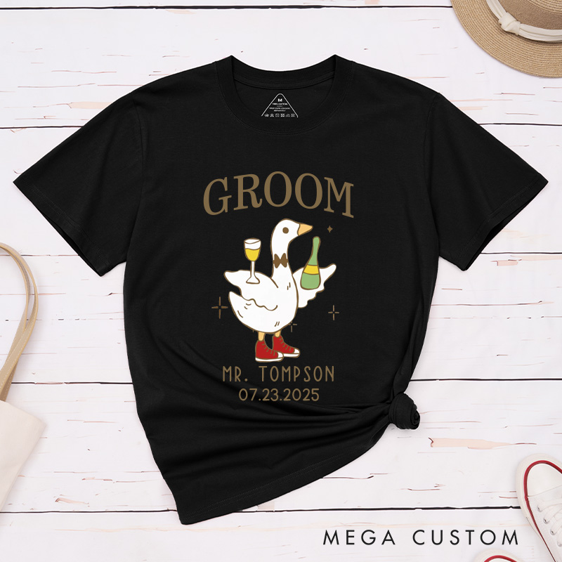 Personalized Lively Bride and Groom Silly Goose with Champagne Matching Wedding Couple Classic T-Shirt