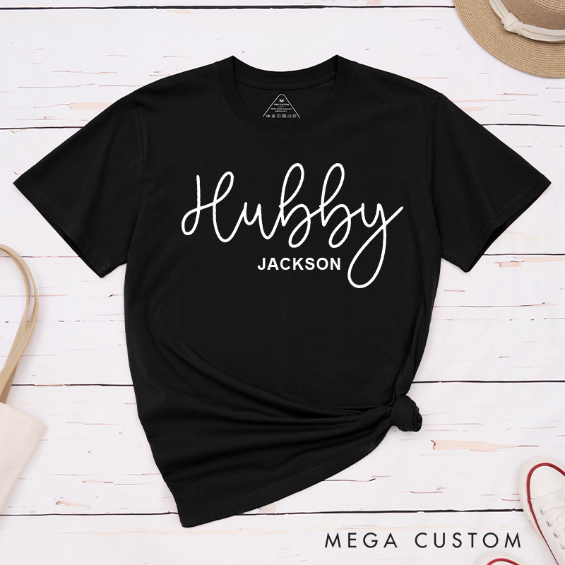 Personalized Couple Handwritten Hubby and Wifey Matching T-Shirt Valentine's Day Classic T-Shirt for Husband Wife Mr. and Mrs. Unisex Gift
