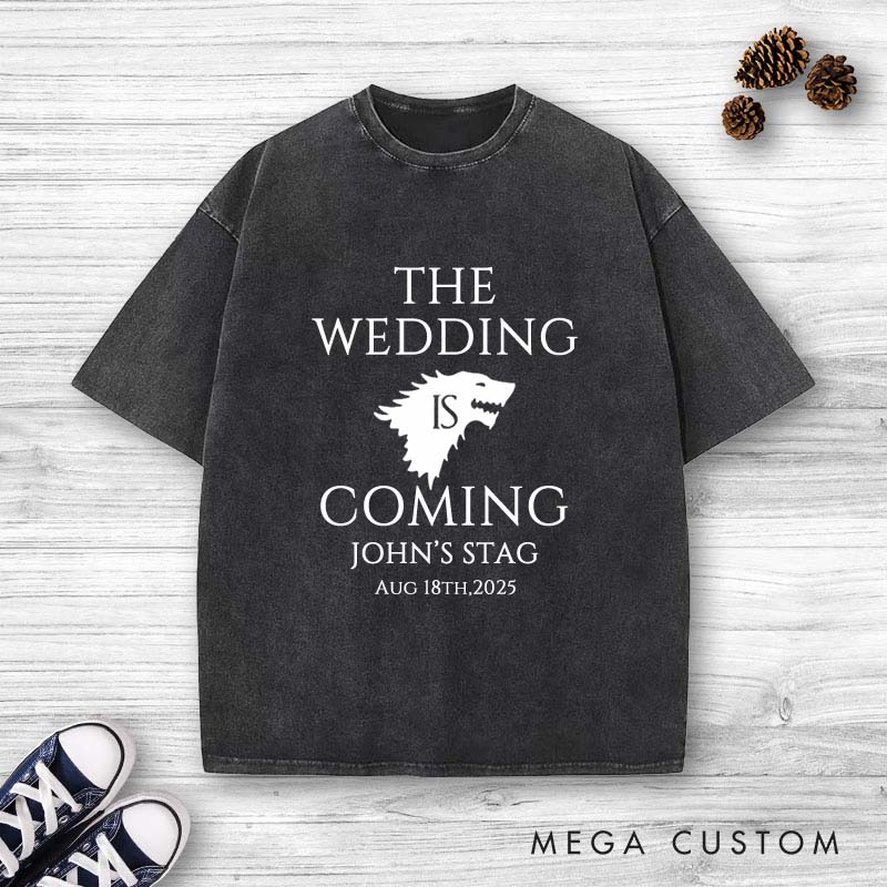 Personalized Groom Bachelor Party Washed T-Shirt THE WEDDING IS COMING Wolf PackT-Shirt for Him Retro Groomsman y2k Shirts for Men