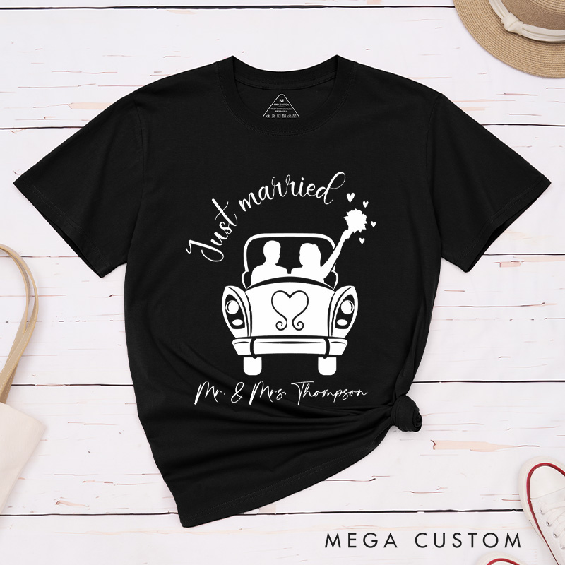 Personalized Romantic Just Married with Wedding Car Wedding Couple Classic T-Shirt