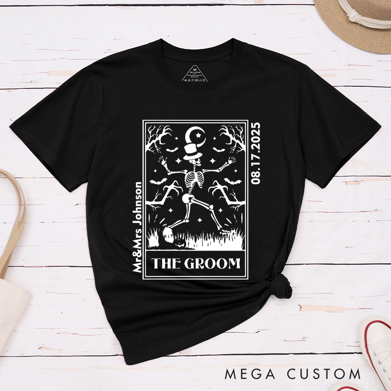 Personalized Whimsical Tarot Card Skeleton Bride and Groom Wedding Couple Classic T-Shirt