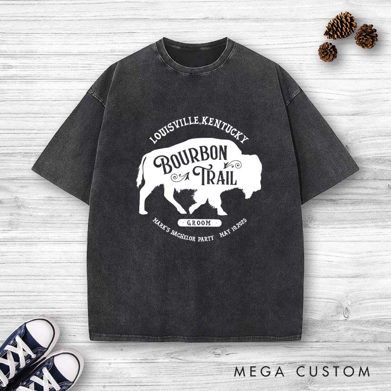 Personalized "Bourbon Trail" Bachelor Party Washed T-Shirt Groom Bachelor Party Whiskey T-Shirts Groomsmen Washed T-Shirts Best Man Gift