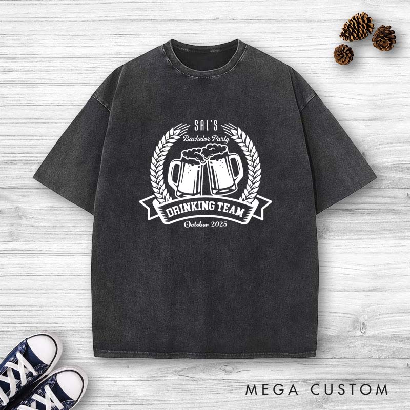Personalized Groom Drinking Team Bachelor Party Washed T-Shirt Groomsmen Beer Lover T-Shirt Retro Washed T-Shirts for Best Man
