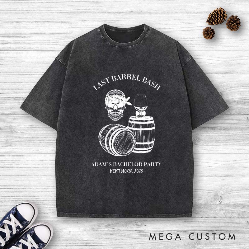 Personalized  "Last Barrel Bash" Groom Club Washed T-Shirt Groomsmen Bachelor Party T-Shirt Retro Groomsman y2k Washed T-Shirts for Men