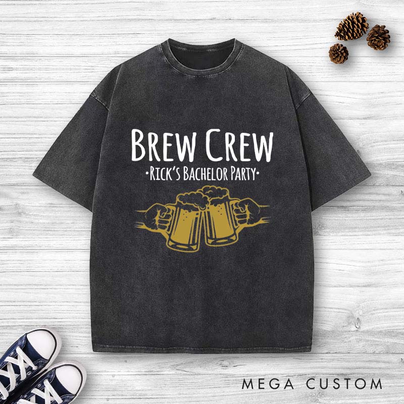 Personalized Brew Crew Bachelor Washed T-Shirt Groom Groomsmen Bachelor Party Favors Shirts Retro y2k Washed T-Shirt for Best Man