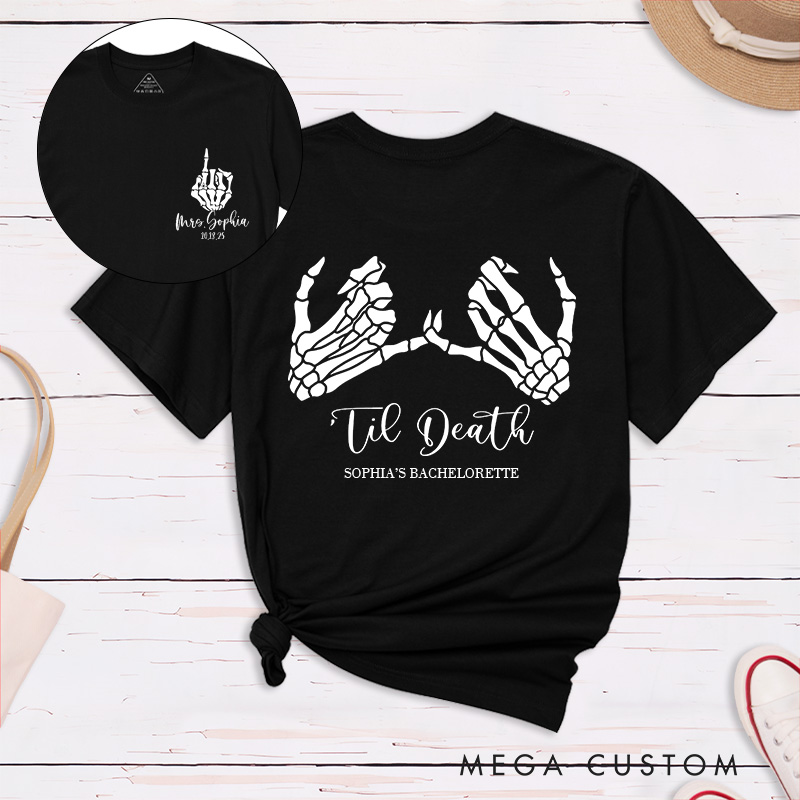 Personalized Funny Bride Skull Hand with Ring Halloween Matching T-Shirt Mrs. Bride ‘Til Death T-Shirt Wedding Bachelorette Party Gift