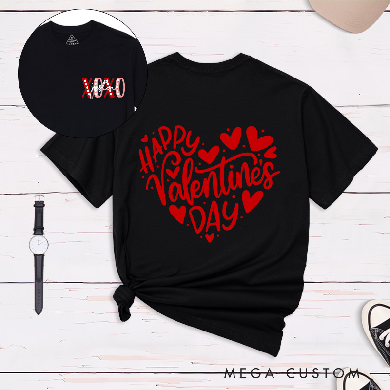 Personalized Couple Happy Valentine's Day Matching T-Shirt XOXO with Name T-Shirt for Husband Wife Boyfriend Girlfriend Gift for Hubby Wifey