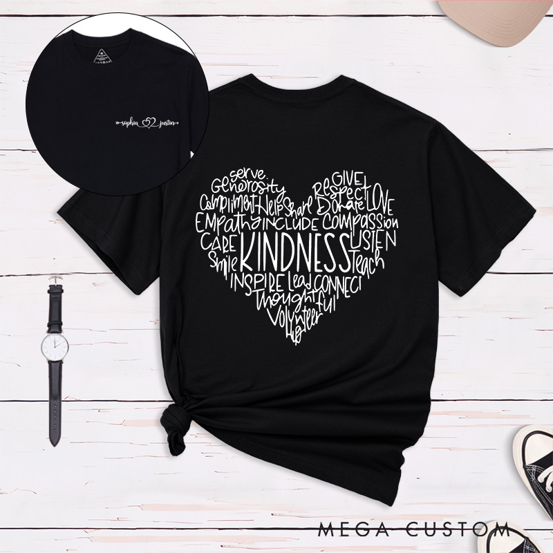 Personalized Couple Kindness and Love Matching T-Shirt Valentine's Day Heart-Shaped Word T-Shirt for Husband Wife Boyfriend Girlfriend Gift