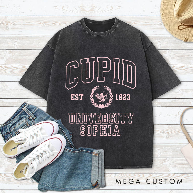 Personalized Couple Cupid University Washed T-Shirt Valentine's Day Shirt