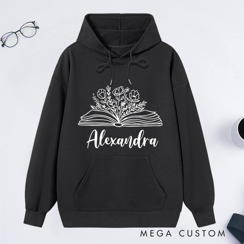 Personalized Book Flowers Classic Hoodies Custom Book Lover Hoodies with Name Reading Hoodies Librarian Gift Book Lover Gift for Reader
