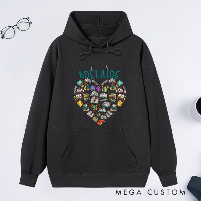 Personalized Books Heart Classic Hoodies Custom Book Lover Hoodies with Name Reading Hoodies Librarian Gift Book Lover Gift for Reader