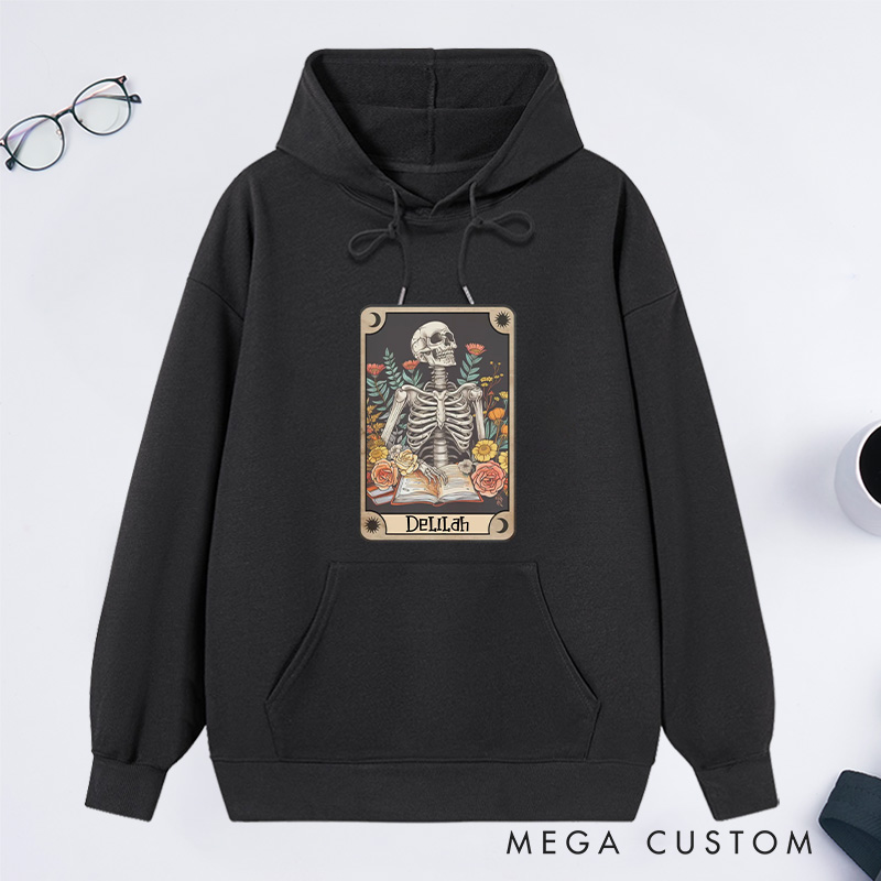 Personalized The Reader Tarot Card Classic Hoodies Skeleton Reading Hoodies Custom Bookish Hoodies with Name Librarian Gift Book Lover Gift