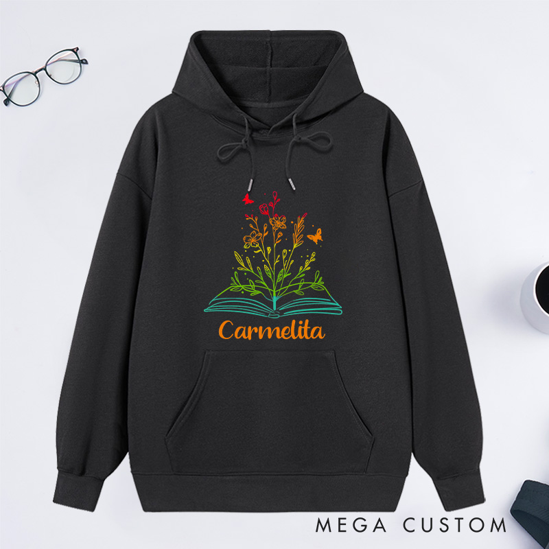 Personalized Book Flower Classic Hoodies Library Hoodies Custom Bookish Hoodies with Name Librarian Gift Book Lover Gift for Reader