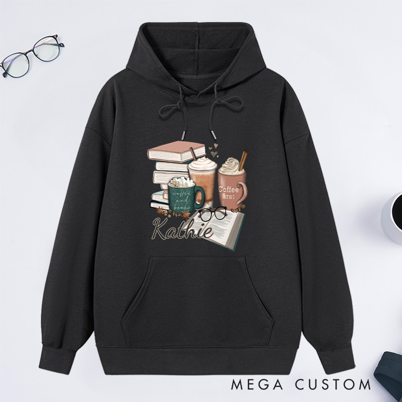 Personalized Coffee and Books Classic Hoodies Custom Book Lover Hoodies with Name Librarian Gift Book Lover Gift for Reader Gift