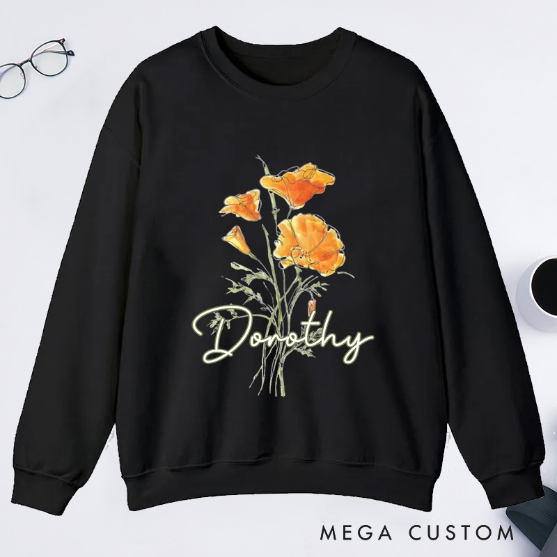 Personalized Golden Poppy Classic Sweatshirts Wildflower Sweatshirt with Name Botanical Sweatshirt Plant Lover Gift Gardening Gift for Gardener