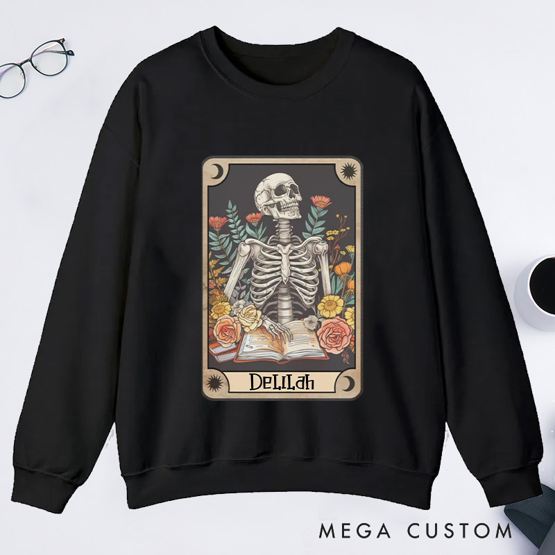 Personalized The Reader Tarot Card Classic Sweatshirts Skeleton Reading Sweatshirt with Name Book Lover Gift Librarian Gift