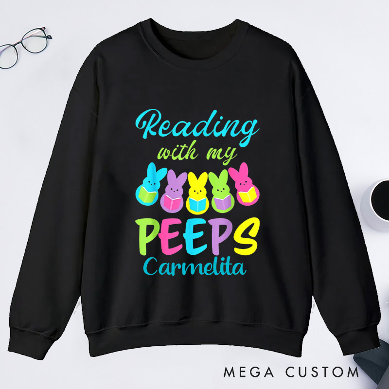 Personalized Reading With My Peeps Classic Sweatshirts Easter Bunny Sweatshirt Bookish Sweatshirt with Name Book Lover Gift Librarian Gift Easter Gift