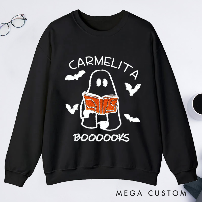 Personalized Booooks Classic Sweatshirts Custom Halloween Sweatshirt with Name Ghost Reading Halloween Gift Book Lovers Gift Librarian Gift