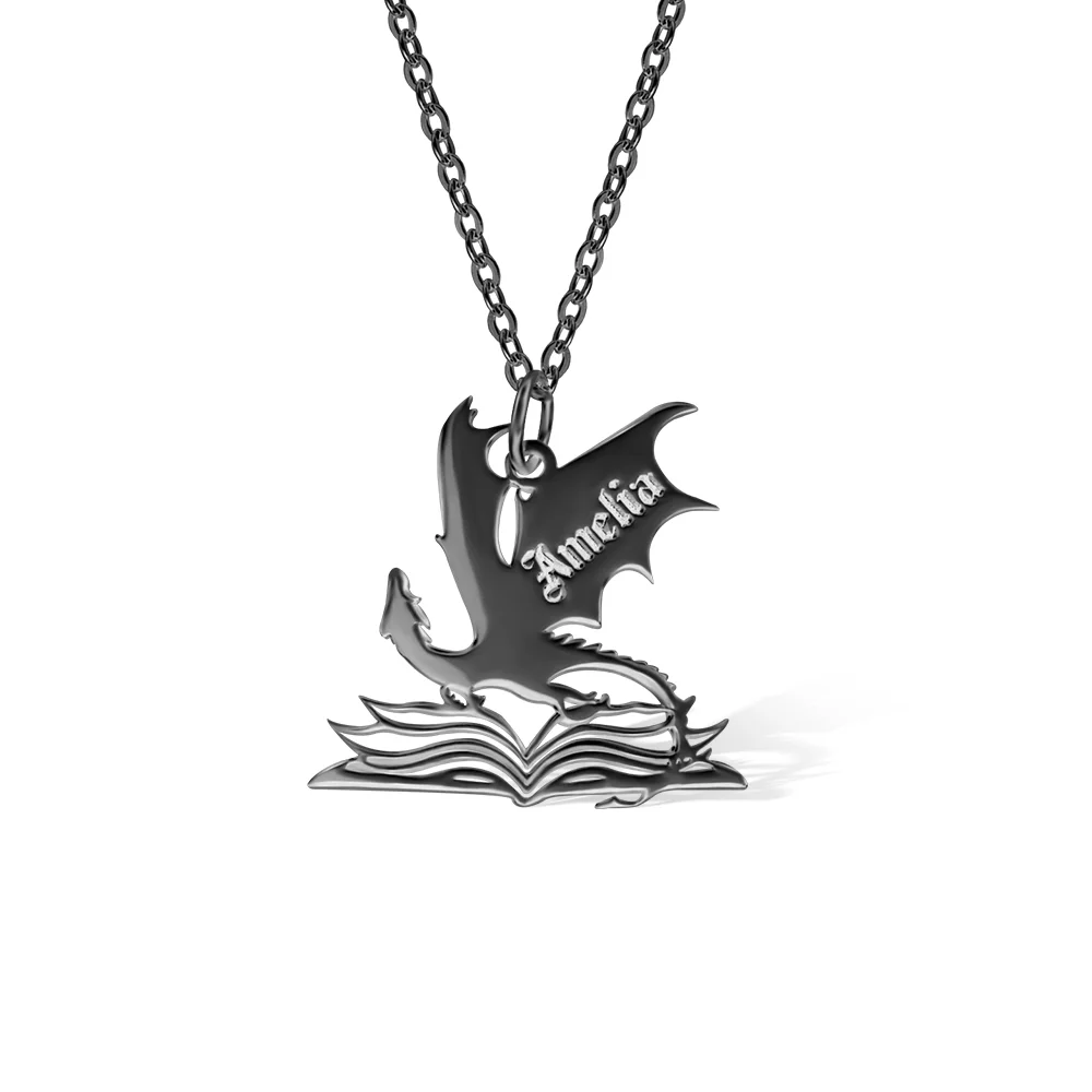 Personalized Book Dragon Necklace with Name Birthday Anniversary Gift for Bookworm Reader Fantasy Book Lovers Gift