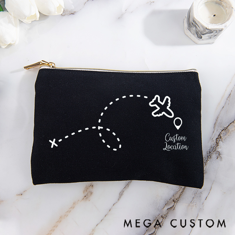 Personalized Makeup Bag Gift for Travel Lovers Air Route Custom Location