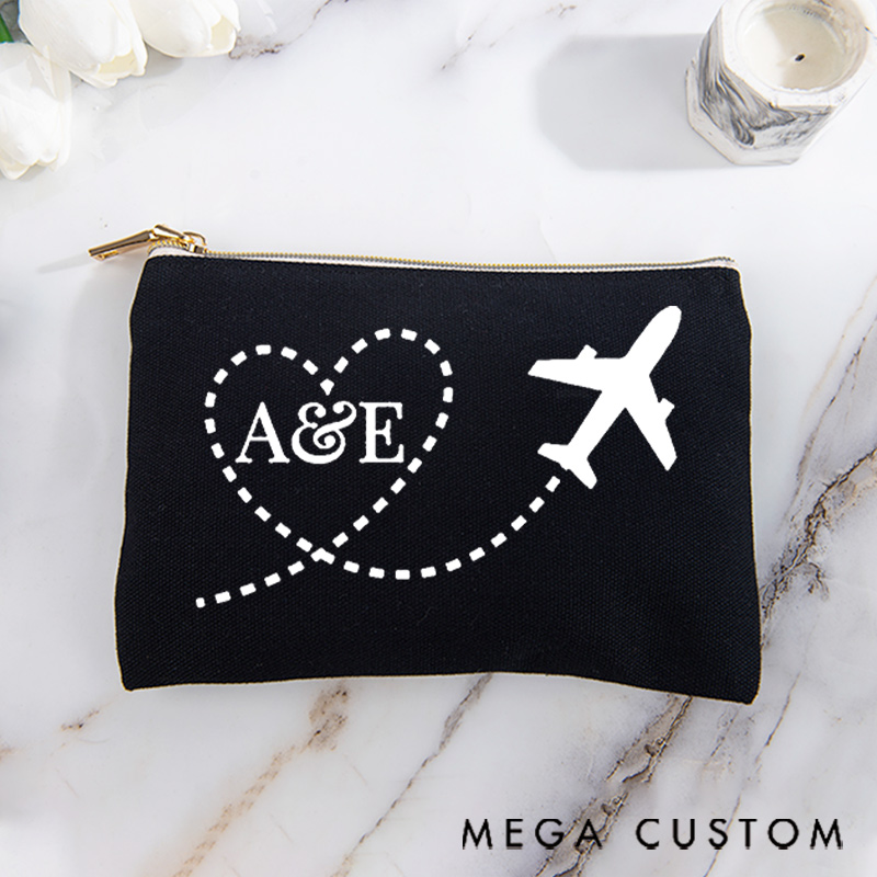 Personalized Makeup Bag Gift for Traveler Custom Initials and Heart Route