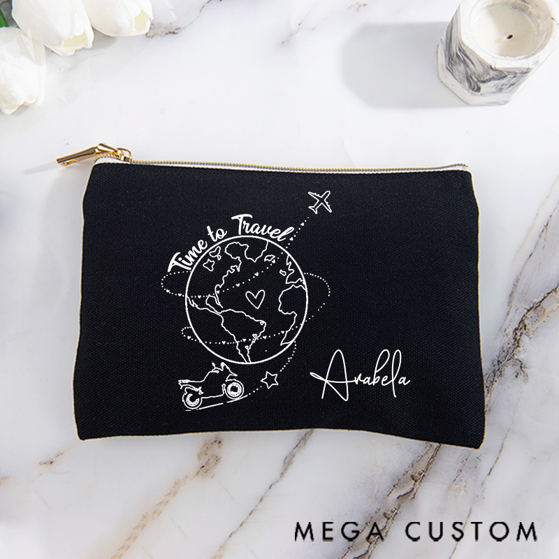 Personalized Makeup Bag Gift for Travel Lovers Time to Travel and Custom Name