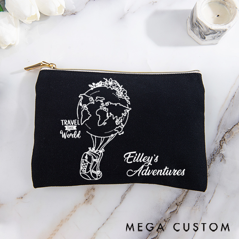 Personalized Makeup Bag Gift for Travel Lovers Hot Air Balloon Earth and Custom Name Adventures