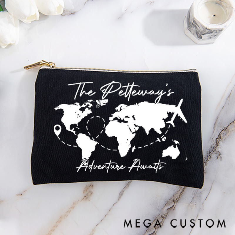 Personalized Makeup Bag Gift for Travel Lovers Adventure Awaits and Custom Name