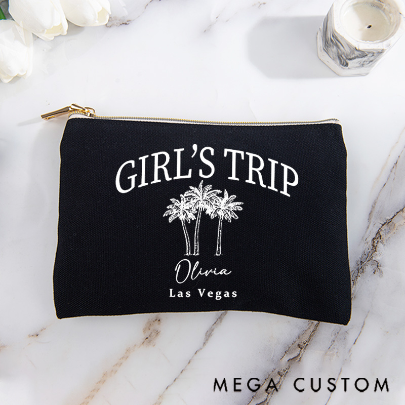 Personalized Makeup Bag Gift for Travel Lovers Girls Trip Custom Name and Destination