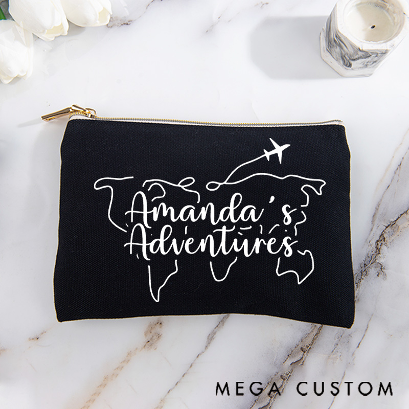 Personalized Makeup Bag Gift for Travel Lovers Line Map and Custom Traveler's Name Adventure