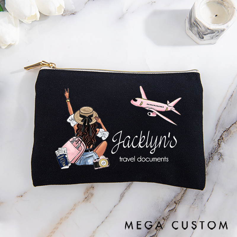 Personalized Makeup Bag Traveling Gift for Traveler Girl's Travel Documents and Custom Name