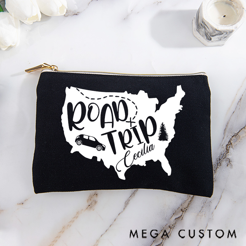 Personalized Makeup Bag Gift for Girls Travel Lovers Map Road Trip and Custom Name