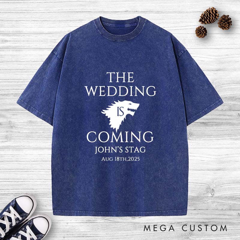 Personalized Groom Bachelor Party Washed T-Shirt THE WEDDING IS COMING Wolf PackT-Shirt for Him Retro Groomsman y2k Shirts for Men