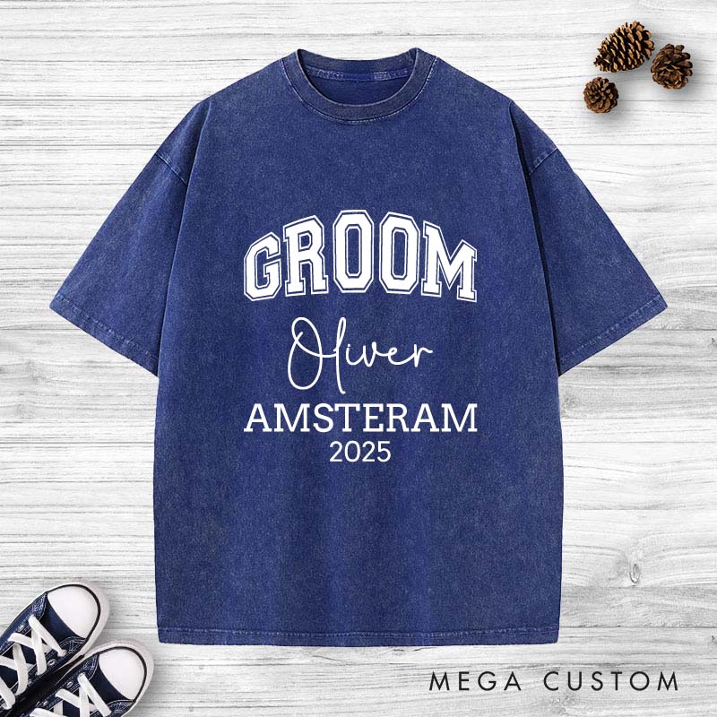 Personalized Groom Washed T-Shirt Minimalist Groomsmen Bachelor Party Shirts Groom Crew Shirts Retro Washed T-Shirt for Best Man