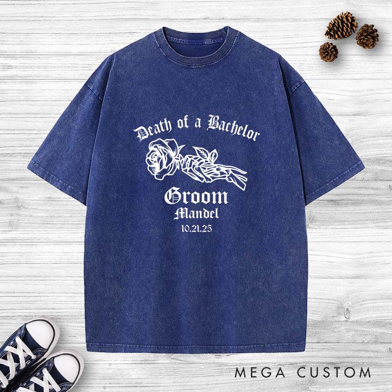Personalized Death of a Bachelor Washed T-Shirt Gothic Groom Bach Party Shirts Groom Crew Washed T-Shirts Vintage Washed T-Shirt for Best Man