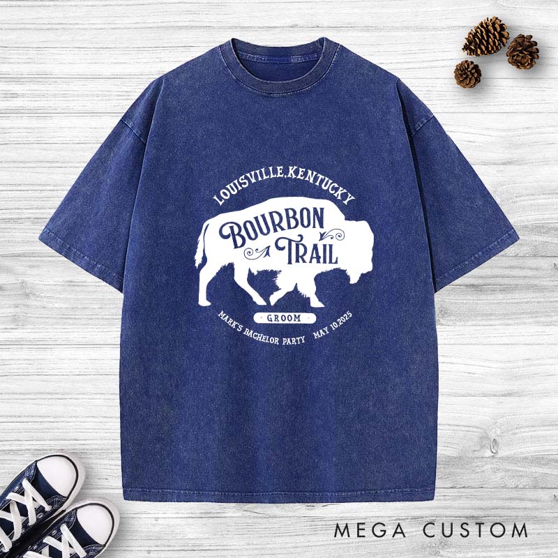 Personalized "Bourbon Trail" Bachelor Party Washed T-Shirt Groom Bachelor Party Whiskey T-Shirts Groomsmen Washed T-Shirts Best Man Gift