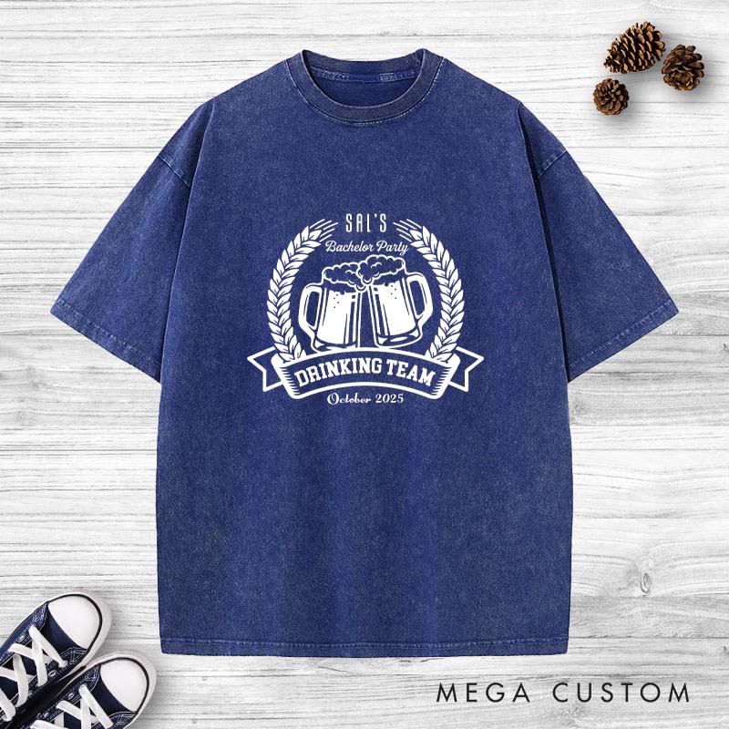 Personalized Groom Drinking Team Bachelor Party Washed T-Shirt Groomsmen Beer Lover T-Shirt Retro Washed T-Shirts for Best Man