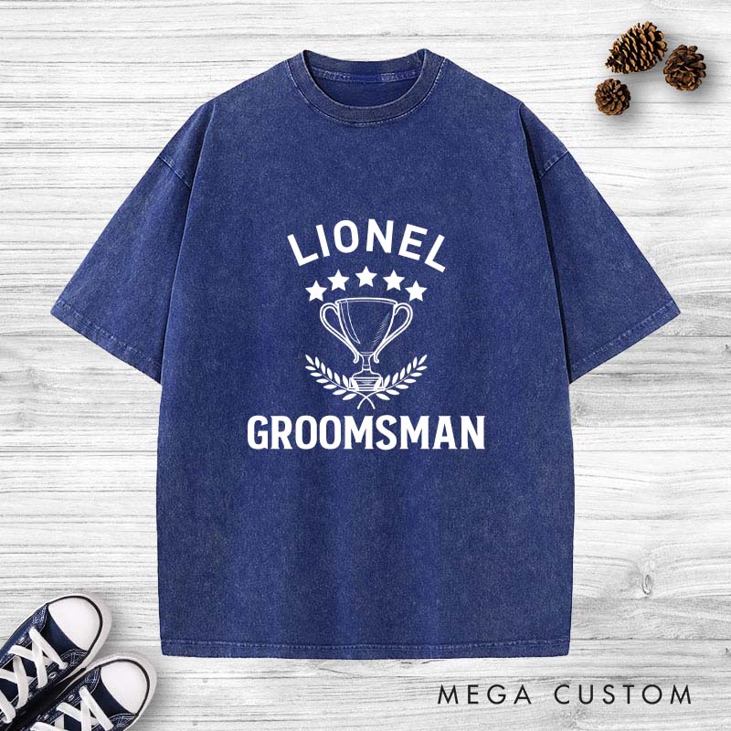 Personalized Groomsman Trophy Bachelor Party Washed T-Shirt Groomsmen Wedding Party T-Shirt Retro Washed T-Shirts for Best Man