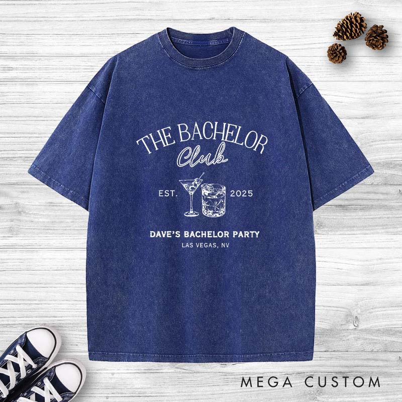 Personalized Groom Bachelor Club Washed T-Shirt Vintage Groomsmen Wedding Favors T-Shirt for Groom Club Minimalist Washed T-Shirts for Best Man